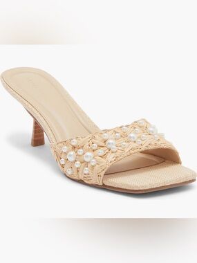 Open Edit Charlie Pearl Embellished Raffia Slide Sandals Size 9
